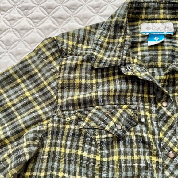 Columbia 100% Cotton Green Blue Yellow Plaid Long Sleeve Flannel Cabincore Sz M - Picture 3 of 14